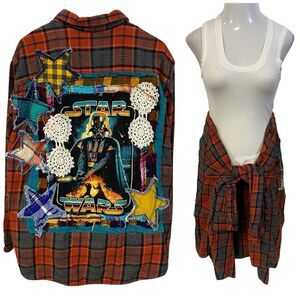 Upcycled Flannel Shirt Shacket Womens 3X Star Wars Patchwork Festival Folk Art